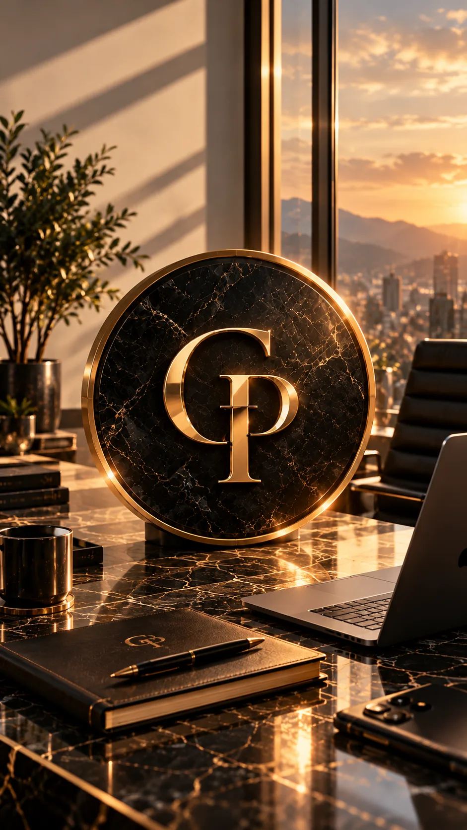 The El Grupo Prime monogram on a marble desk, with the city beyond the glass.
