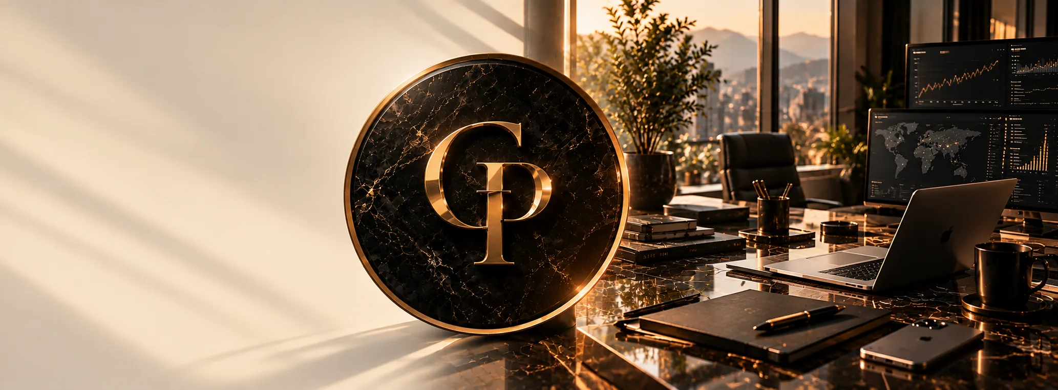 The El Grupo Prime monogram on a marble desk, with the city beyond the glass.