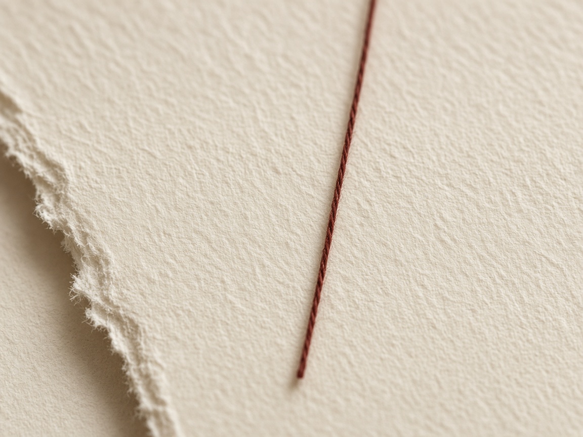 Close view of ivory paper with one dark red thread running down the sheet.